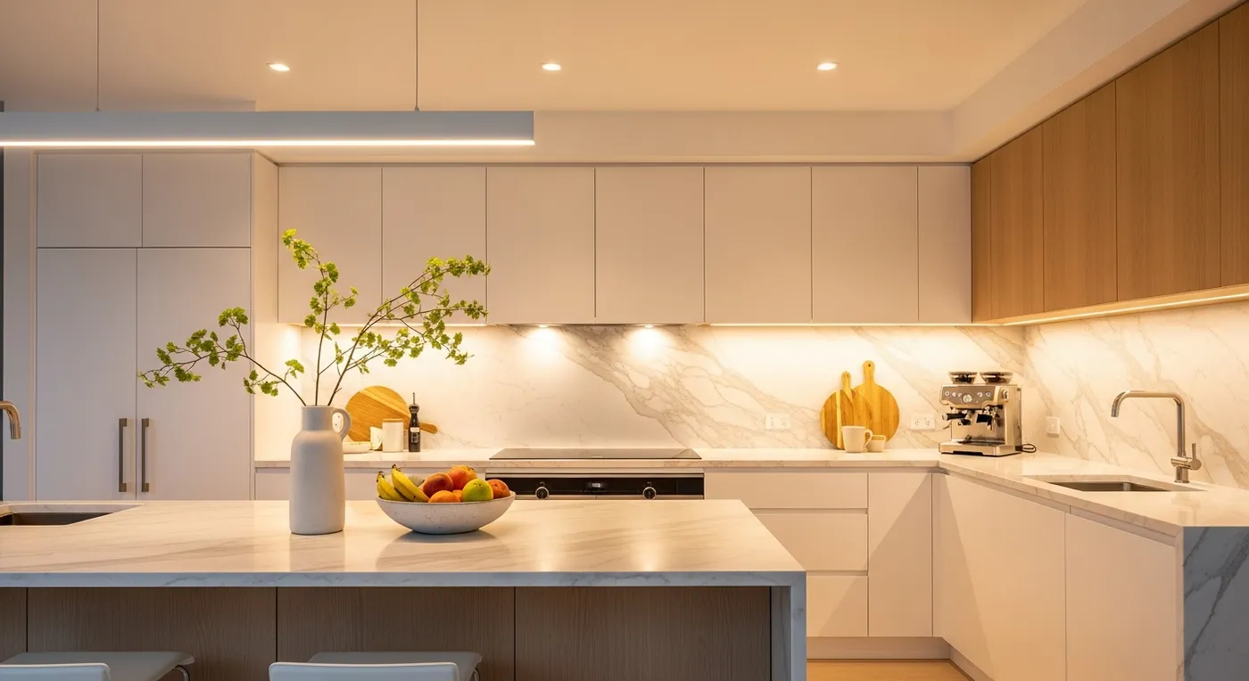 Cozinha linear branca com iluminação sob os armários
